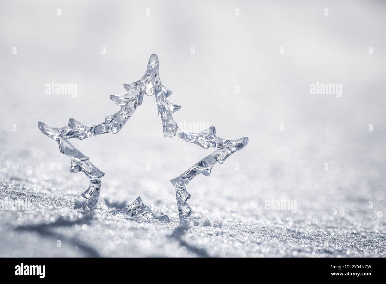 Stella del Natale d'argento sulla neve vera all'aperto. Concetto di vacanza invernale. Profondità bassa dei campi Foto Stock