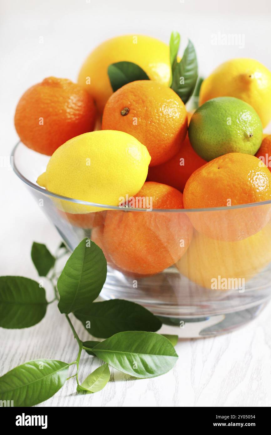 Agrumi freschi nel vaso su una tavola di legno Foto Stock