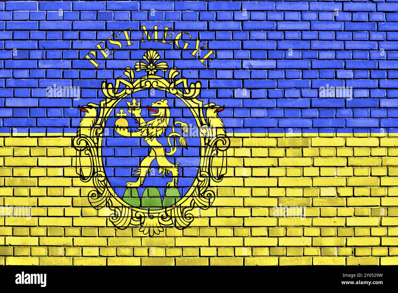 Bandiera della contea di Pest dipinta su un muro di mattoni Foto Stock