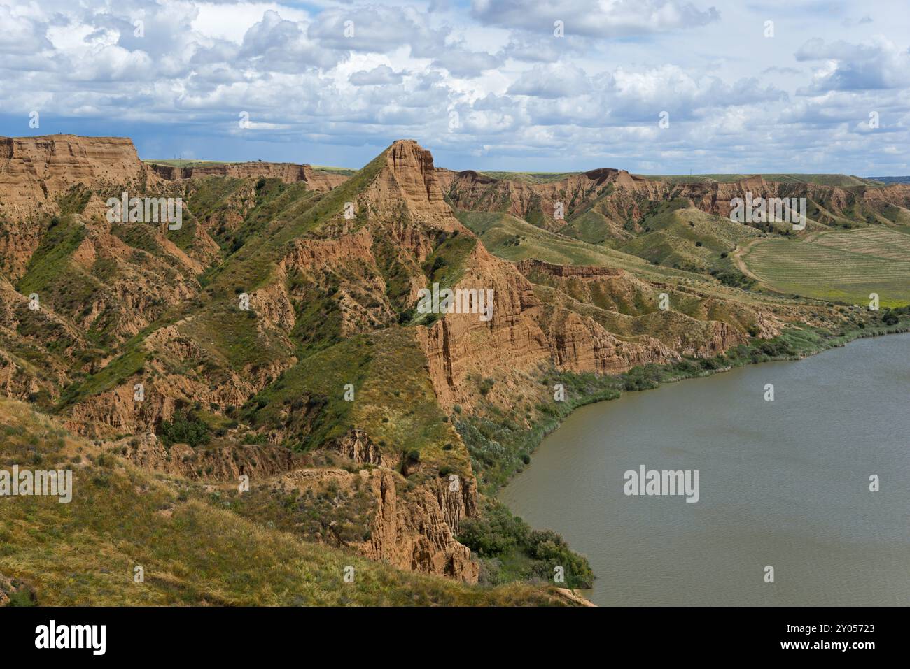 Eine weite Sicht auf einen gruenen und braunen Canyon, der an einen ruhigen Fluss grenzt, Barrancas de Burujon, Burujon, rio Tajo, Fluss Tajo, embalse Foto Stock