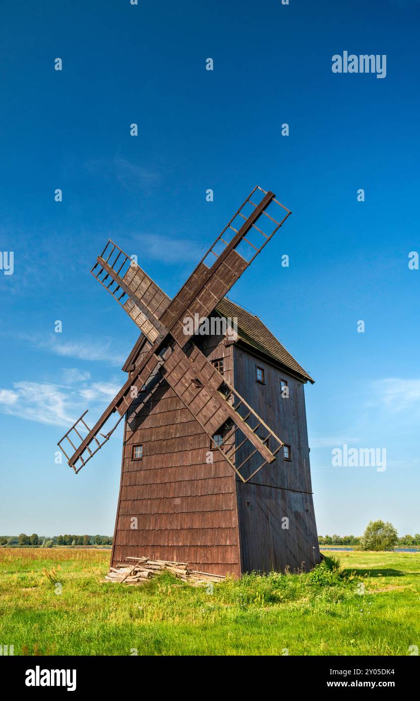 Il mulino a vento (mulino) si spostò dal villaggio di Dubin alla città di Jutrosin, Kalisz Upland, Wielkopolska (grande Polonia) Voivodato, Polonia Foto Stock