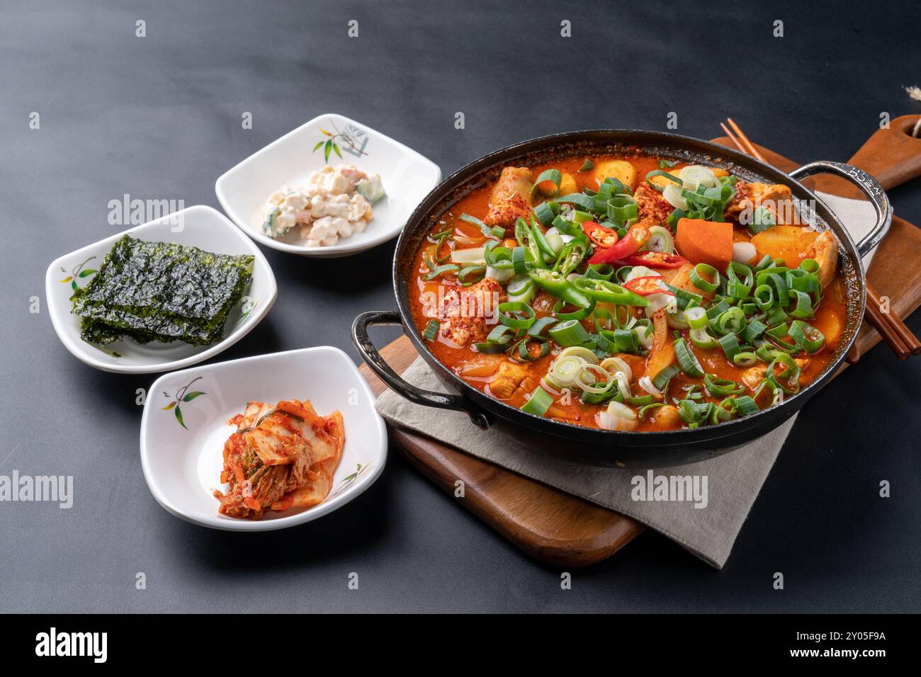 Bibimbap, cucina coreana, pollo brasato piccante, pollo brasato piccante, budae jjigae, saltato in padella piccante Foto Stock