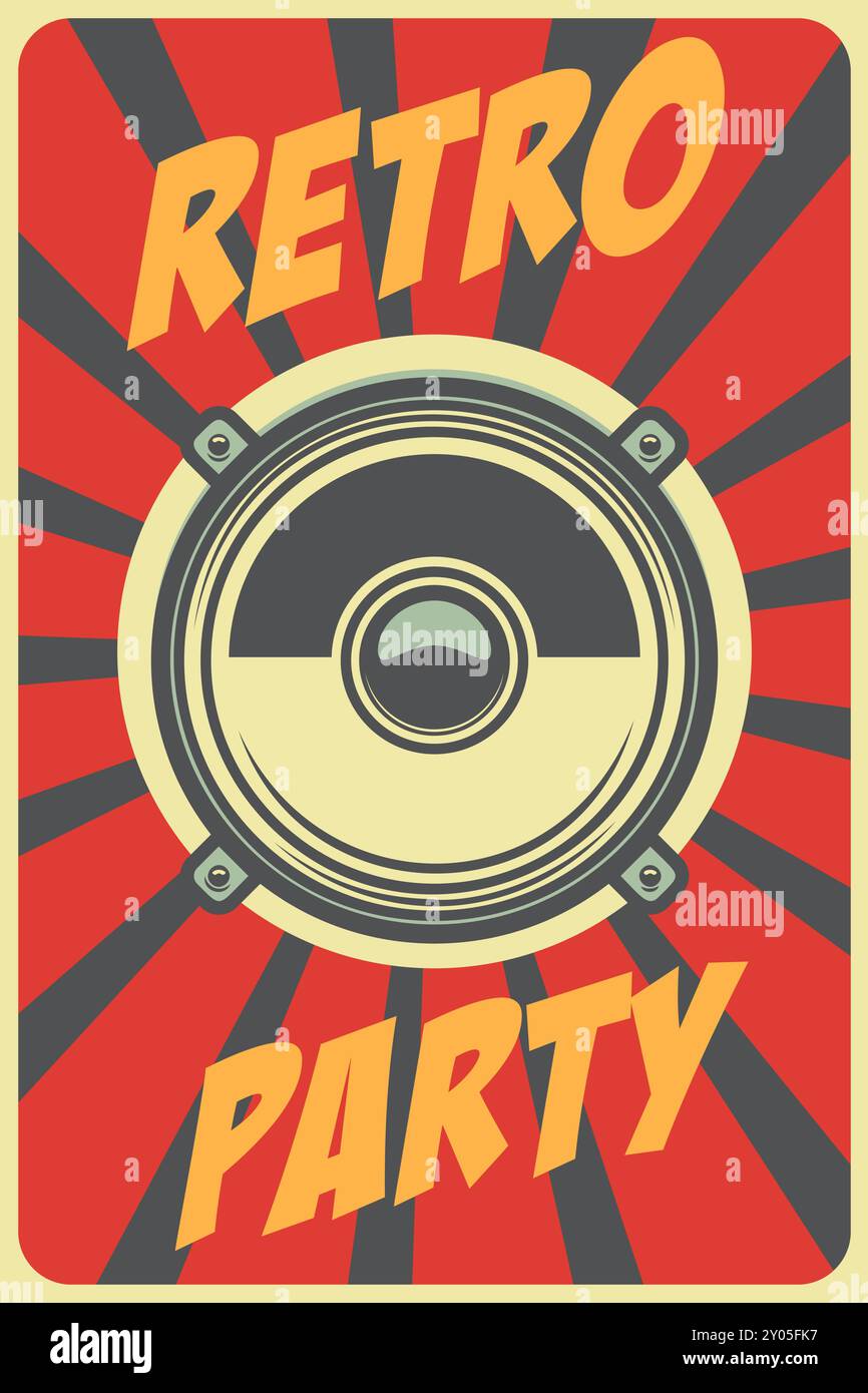 Festa retrò. Modello poster con boombox in stile retrò. Elemento di design per banner, insegne, volantini. Illustrazione vettoriale Illustrazione Vettoriale