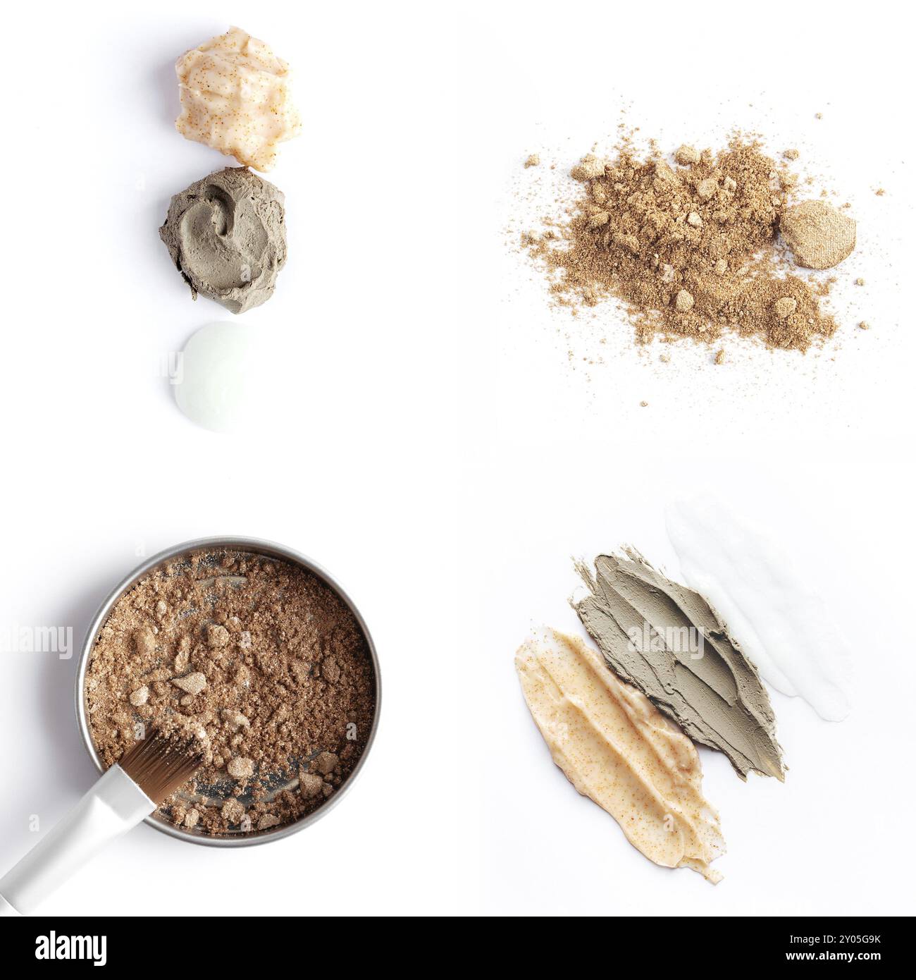 Collage con cosmetici, ombre del viso marrone chiaro e scuro, spazzola per le ombre degli occhi e diversi campioni di scrub del corpo. Makeup concetto piatto adagiare su sfondo bianco Foto Stock
