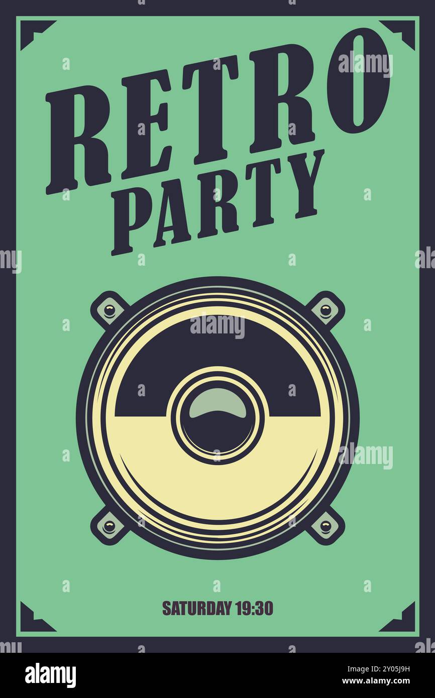 Festa retrò. Modello poster con boombox in stile retrò. Elemento di design per banner, insegne, volantini. Illustrazione vettoriale Illustrazione Vettoriale