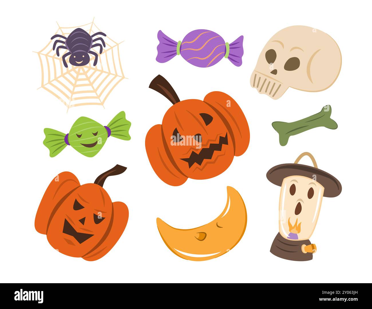 Set di personaggi ed elementi Spooky Cartoon per Halloween Concept Illustration Illustrazione Vettoriale