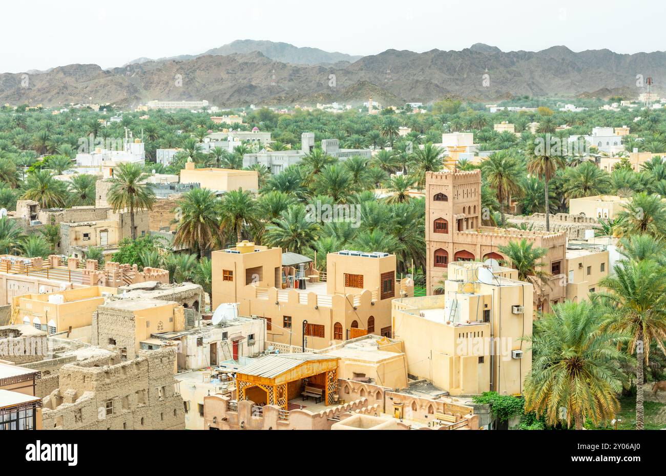 Le vecchie strade della città araba di Nizwa nascoste tra le palme con montagne sullo sfondo, Nizwa, sultanato dell'Oman Foto Stock