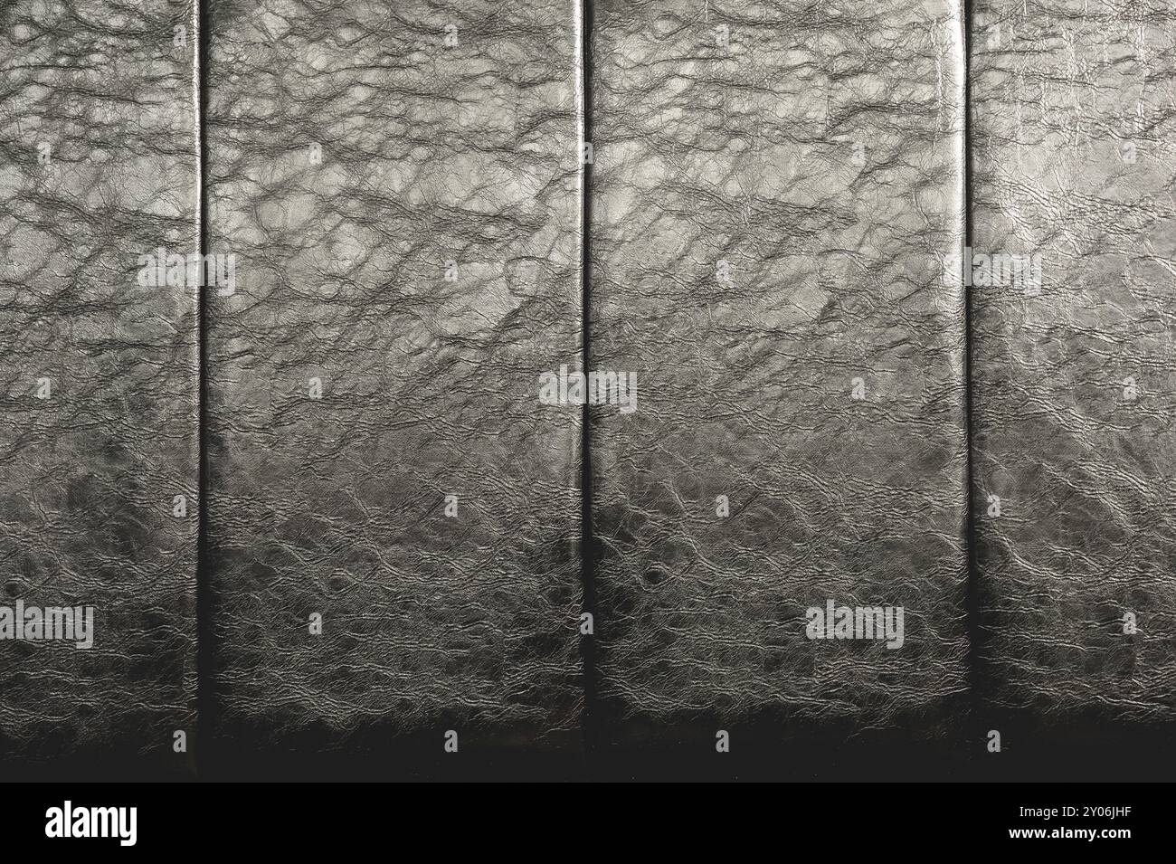 La consistenza della vera pelle sul retro del letto. Le strisce verticali della pelle sono nere. Costosa lucentezza della pelle artificiale Foto Stock