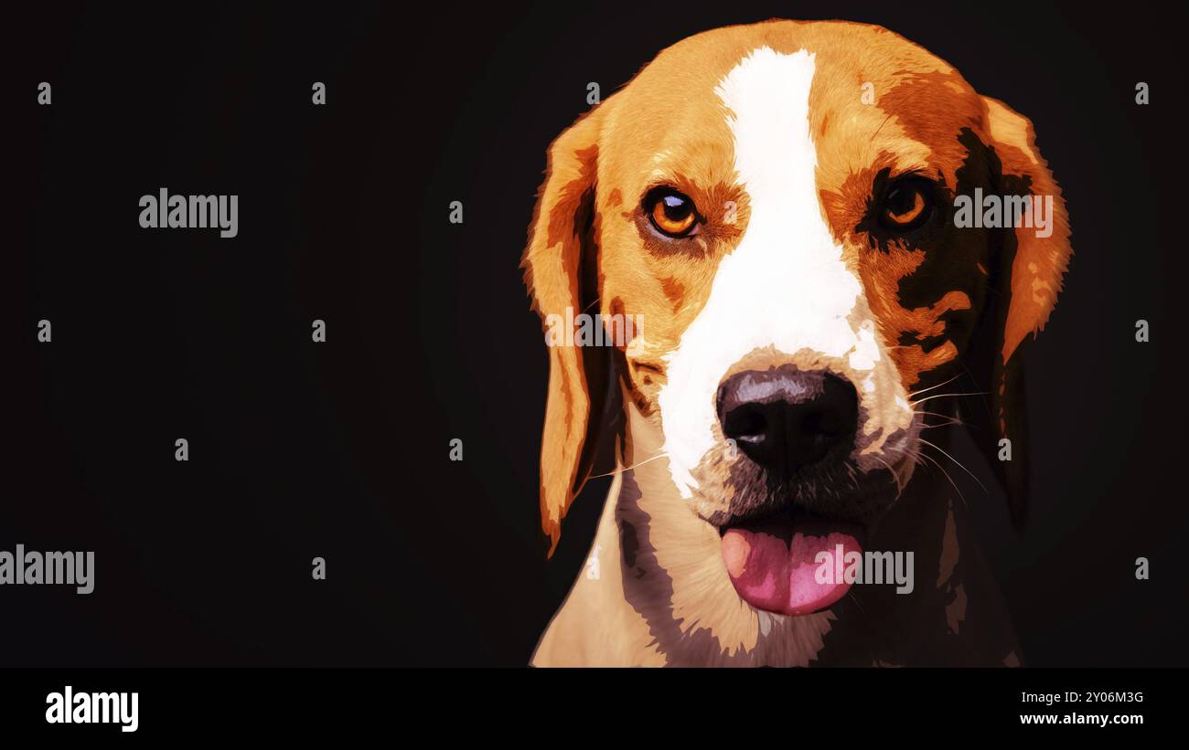 Disegno, illustrazione Dog Beagle ritratto a olio su sfondo nero. Pittura digitale. Illustrazione clip art Foto Stock