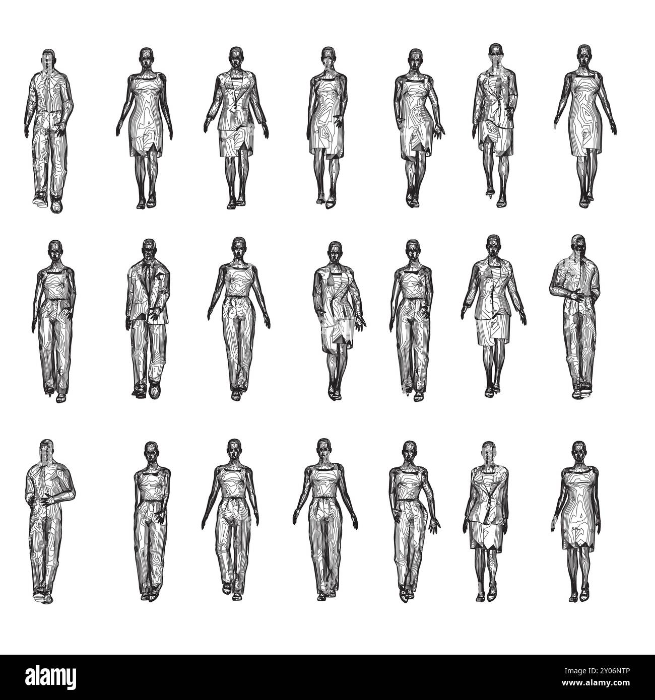 Ambientato con contorni di persone che camminano da linee nere isolate su sfondo bianco. Uomini e donne che camminano. Vista frontale. Illustrazione vettoriale. Illustrazione Vettoriale