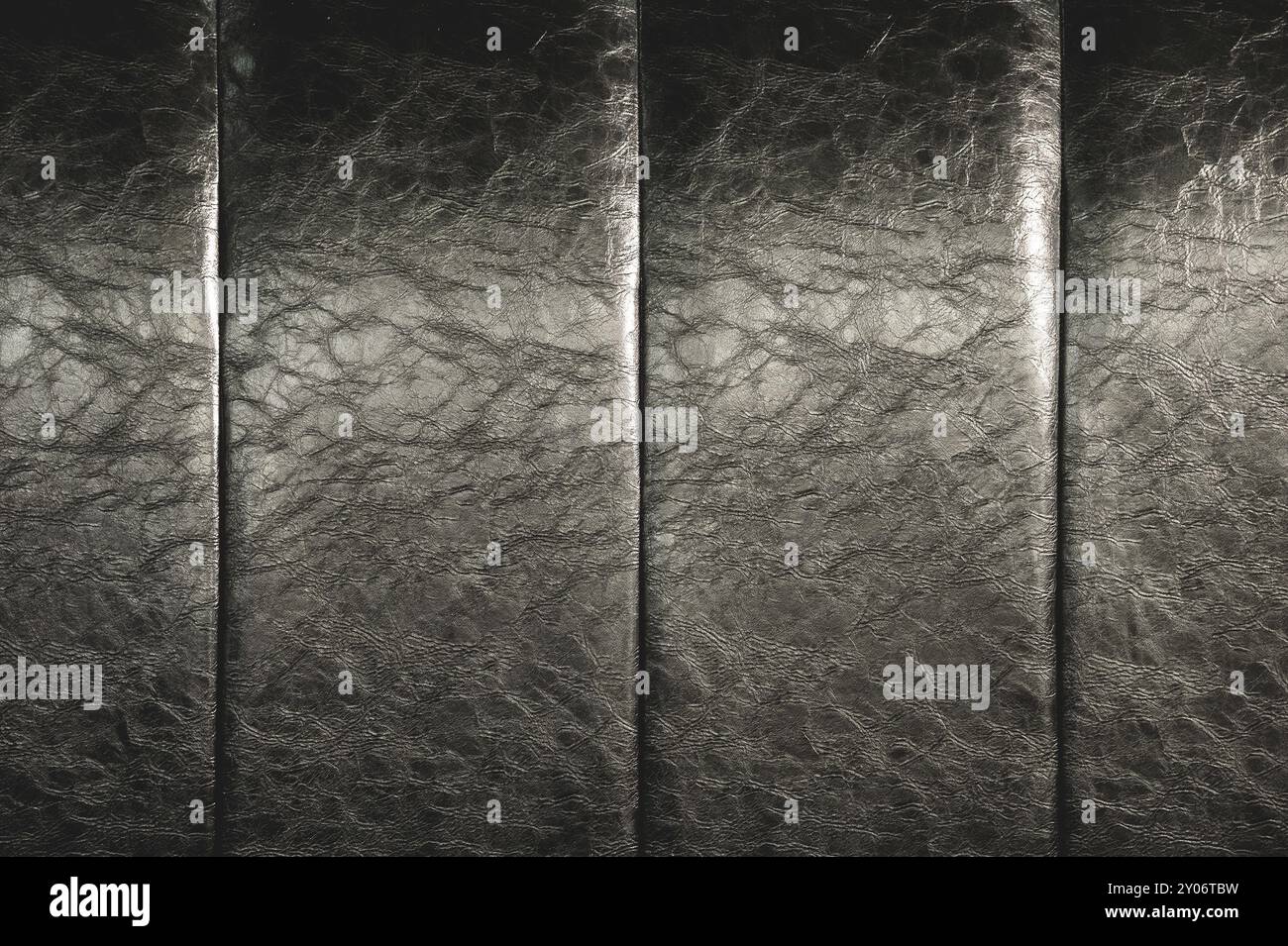 La consistenza della vera pelle sul retro del letto. Le strisce verticali della pelle sono nere. Costosa lucentezza della pelle artificiale Foto Stock