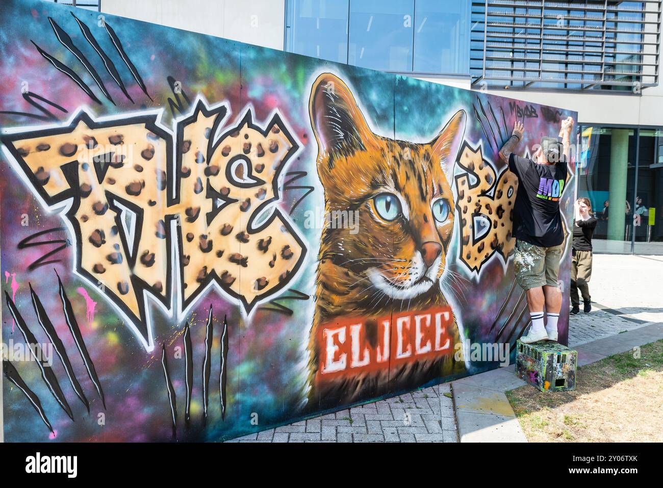Southend on Sea, Essex, Regno Unito. 1 settembre 2024. Southend continua a celebrare il suo status di città con l'evento City Jam. Oltre 200 artisti di strada locali, nazionali e internazionali stanno mostrando le loro abilità in varie località del centro città. Sono state allestite alcune pareti temporanee, ma gli artisti stanno anche decorando strutture permanenti. Gli artisti possono essere visti lavorare sui murales intorno alle strade e alle proprietà. I pezzi temporanei rimarranno in mostra per un breve periodo dopo il completamento. "The Boss" con il gatto dell'artista El Jefe Foto Stock