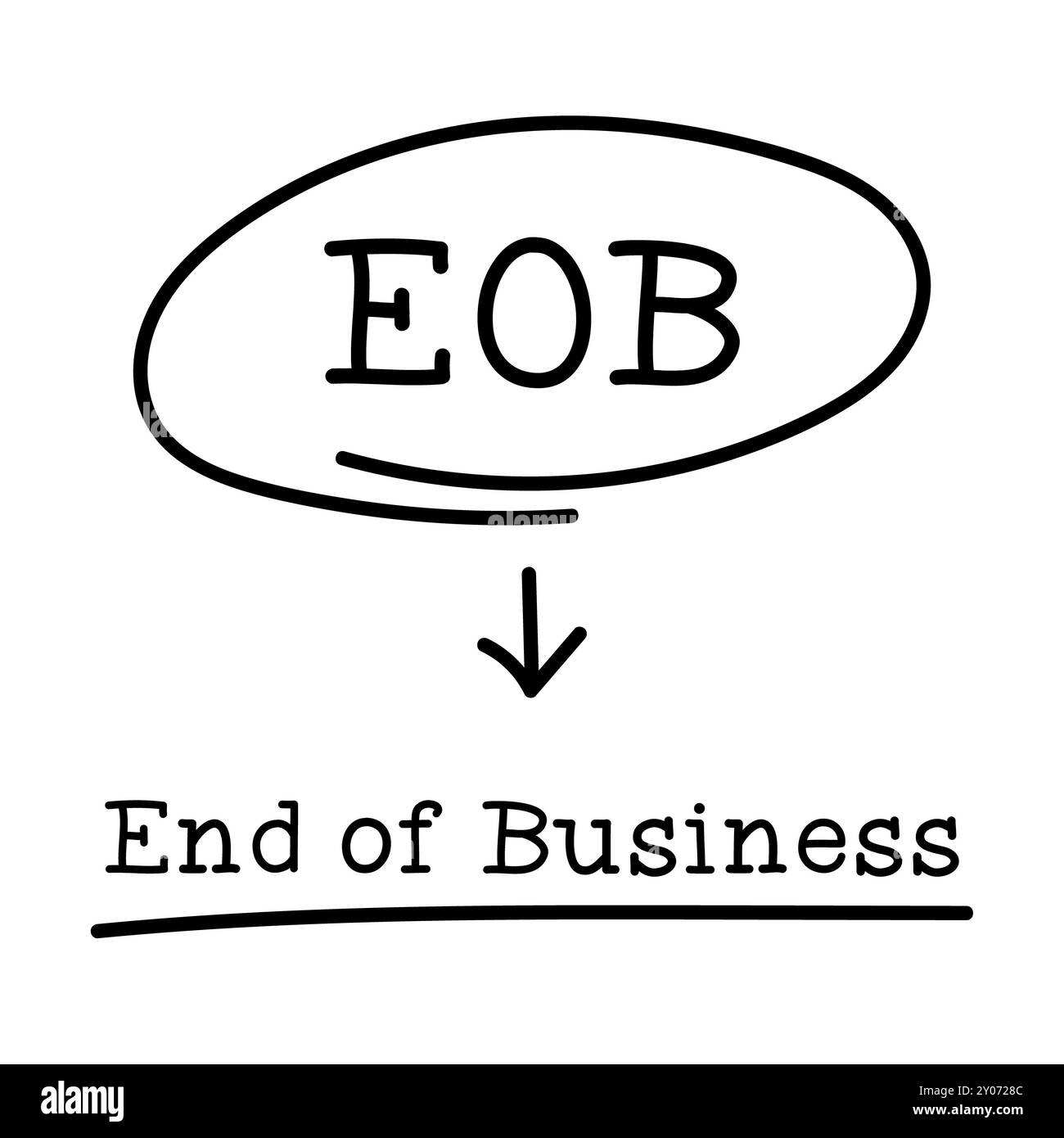 Lettera di abbreviazione EOB in cerchio e parola fine attività su sfondo bianco Foto Stock