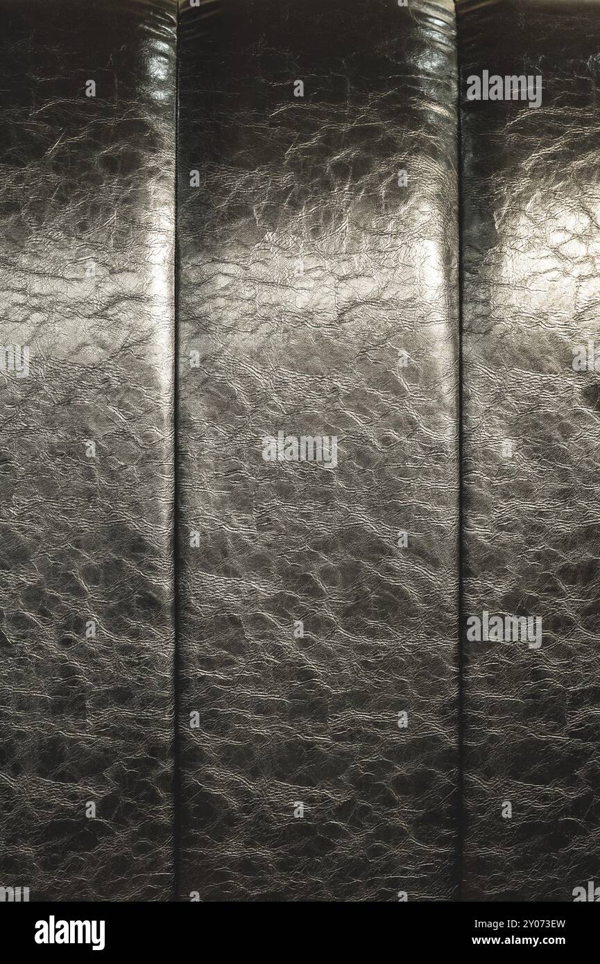 La consistenza della vera pelle sul retro del letto. Le strisce verticali della pelle sono nere. Costosa lucentezza della pelle artificiale Foto Stock