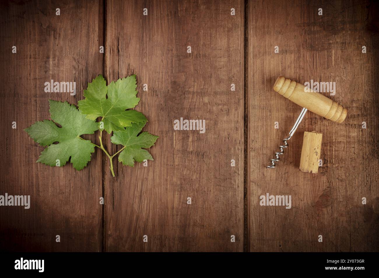 Un modello di progettazione per un vino menu degustazione o invito. Una foglia di vite e di un tappo per bottiglia di vino, girato dalla parte superiore su di un barile di legno con un posto per il testo Foto Stock