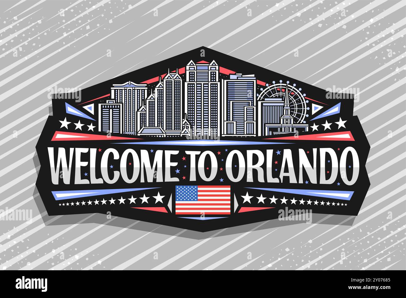 Logo vettoriale per Orlando, insegna decorativa scura con illustrazione del famoso paesaggio panoramico della città di orlando sullo sfondo del cielo notturno, art design re Illustrazione Vettoriale