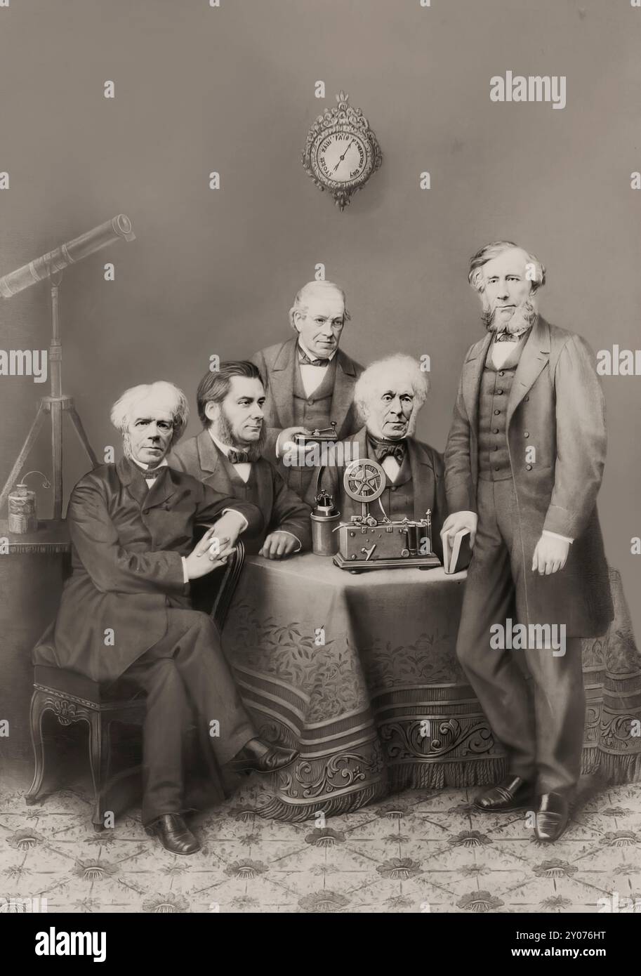 Scienziati del XIX secolo, (da sinistra a destra): Michael Faraday; Thomas Henry Huxley; Charles Wheatstone; David Brewster; John Tyndall; 1876 Foto Stock