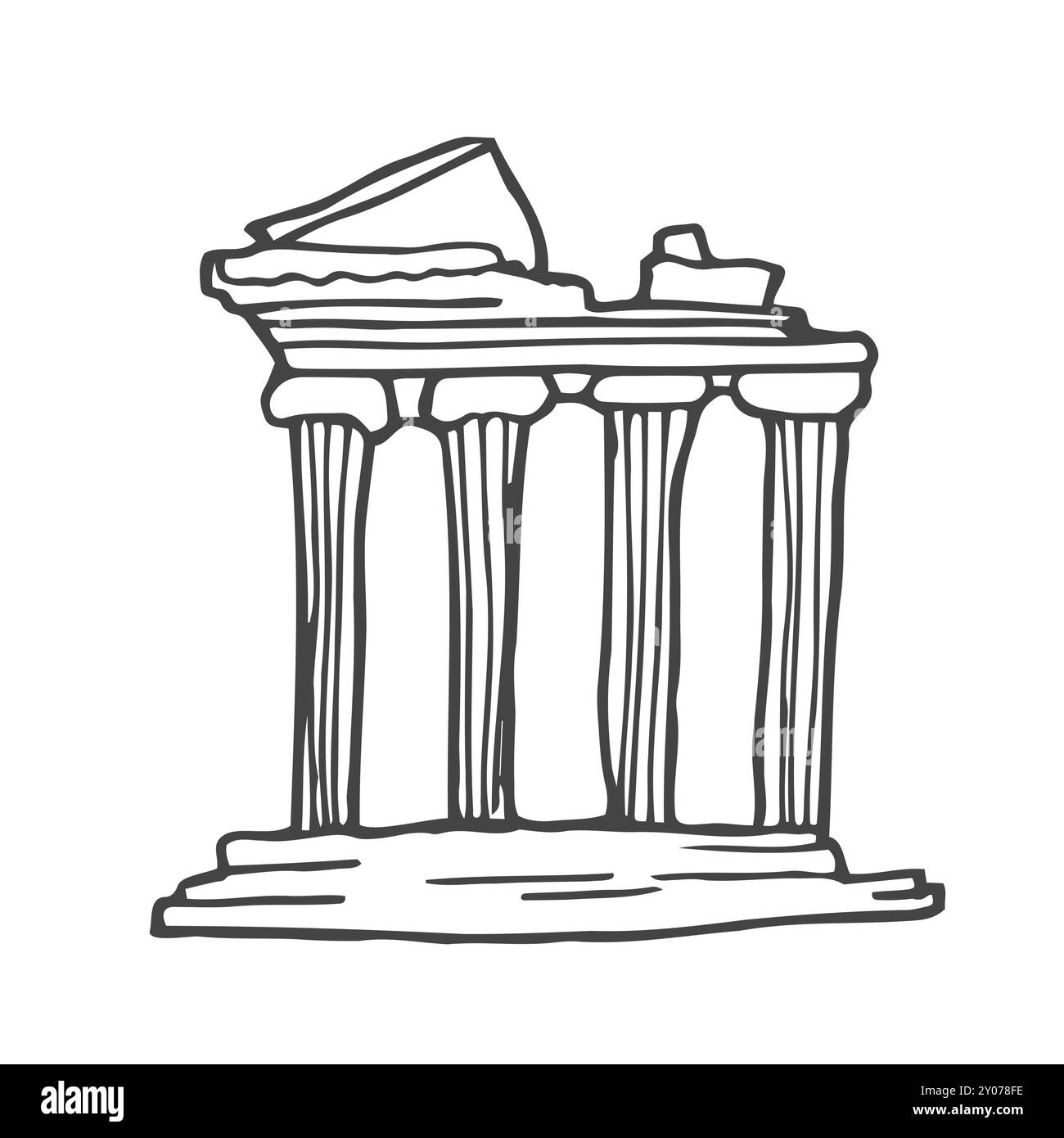 Architettura grafica a metà rovina con colonne disegnate in stile line art. Antico edificio isolato su sfondo bianco. Illustrazione Vettoriale