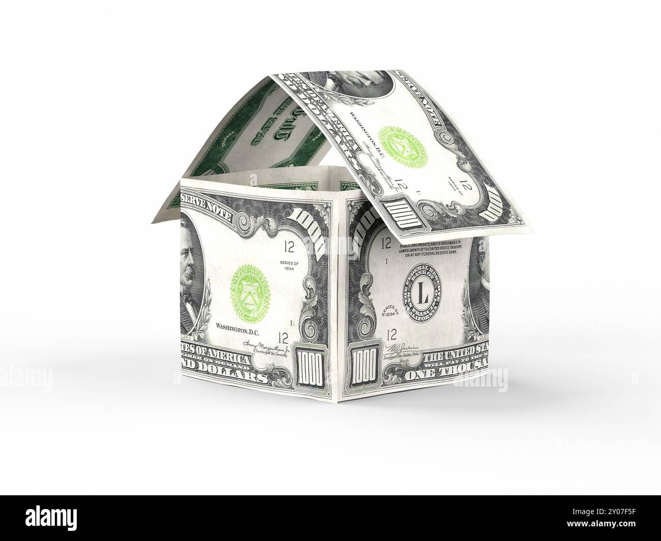 Casa fatta di denaro, mille US Dollar Bills isolati su sfondo bianco Foto Stock