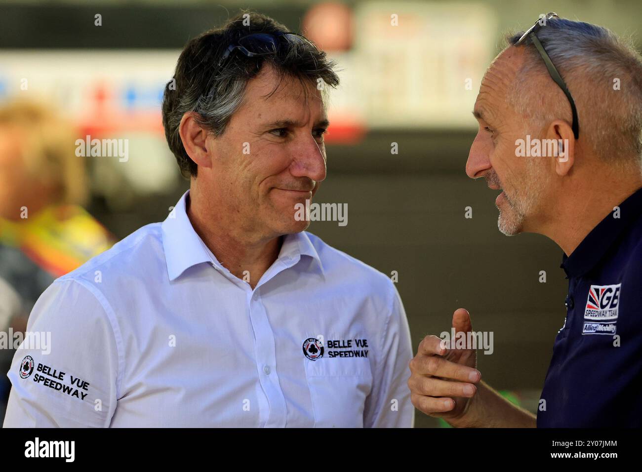 Mark Lemon e Neil Vatcher durante il match della WSRA National Development League tra Belle Vue Colts e Edinburgh Monarchs Academy al National Speedway Stadium di Manchester, Inghilterra, il 30 agosto 2024. (Foto: Thomas Edwards | mi News) crediti: MI News & Sport /Alamy Live News Foto Stock