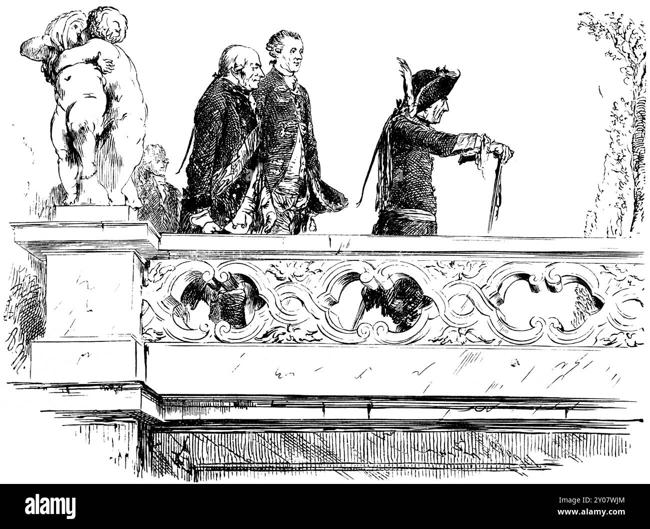 Re Federico II, il Vecchio, a Palazzo Sanssouci, Hohenzollern, putti, vecchio gentiluomo, bastone da passeggio, servo, Potsdam, Prussia, Brandeburgo, Germania, h Foto Stock