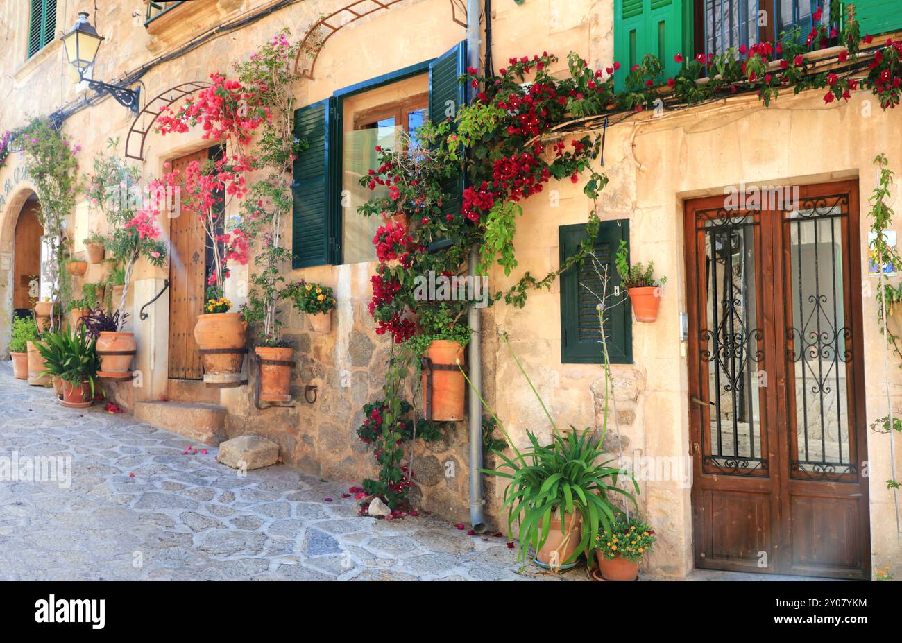 Isola di Maiorca (Maiorca) - villaggio tradizionale Valldemossa con affascinanti decorazioni floreali. Popolare attrazione turistica. Spagna, isole Baleari Foto Stock