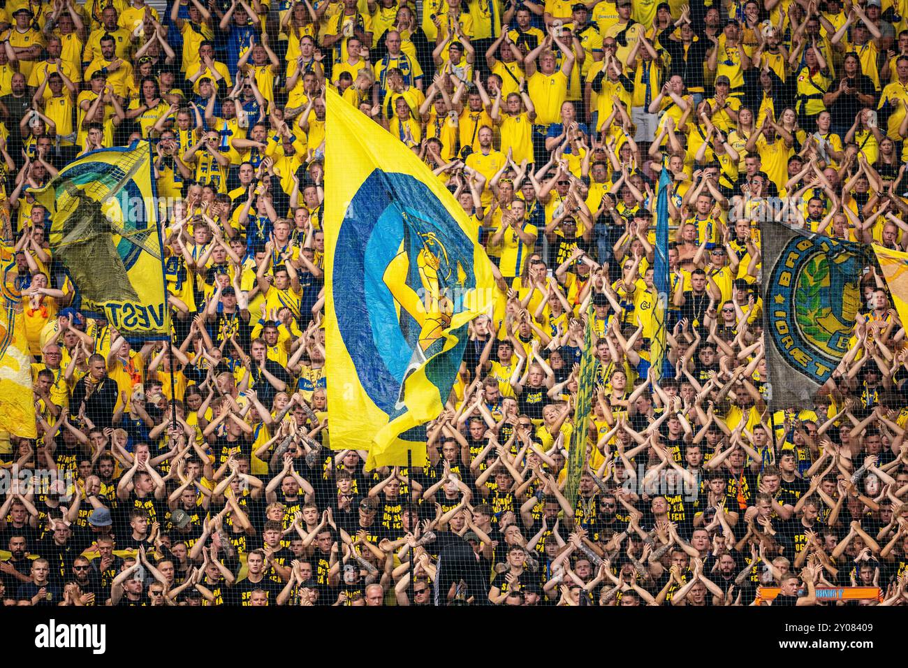 Danimarca. 1 settembre 2024. I tifosi del Broendby IF durante il 3F Superliga match tra FC Copenhagen e Broendby IF al Parken di Copenaghen, domenica 1 settembre 2024. (Foto: Mads Claus Rasmussen/Ritzau Scanpix) credito: Ritzau/Alamy Live News Foto Stock