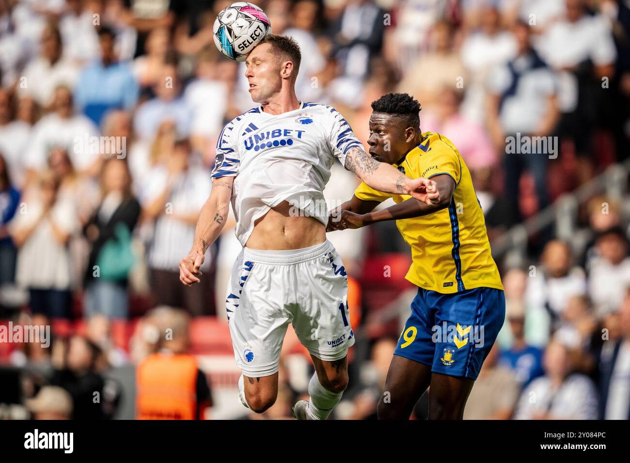 Danimarca. 1 settembre 2024. Emmanuel Yeboah del Broendby IF e Lukas Lerager del FC Copenhagen durante il 3F Superliga match tra FC Copenhagen e Broendby IF a Parken a Copenaghen, domenica 1 settembre 2024. (Foto: Mads Claus Rasmussen/Ritzau Scanpix) credito: Ritzau/Alamy Live News Foto Stock