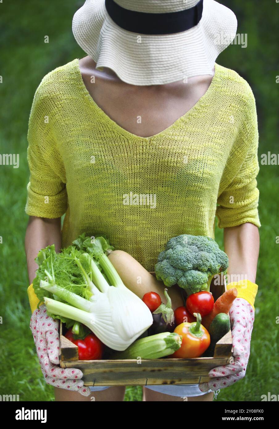 Donna che indossa guanti con verdure fresche nella casella nelle sue mani Foto Stock