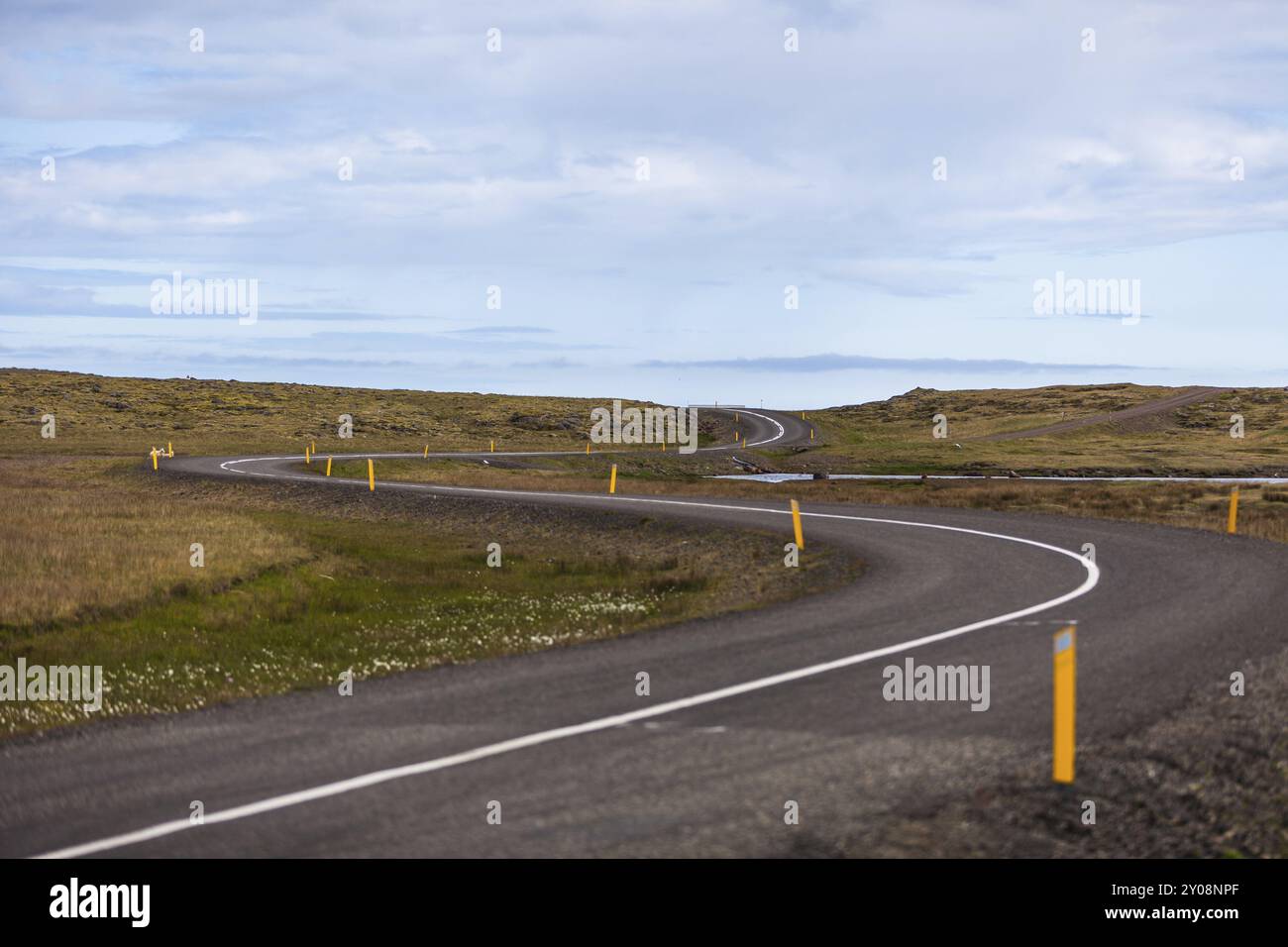 Sezione curva della strada principale che conduce in tutta l'Islanda Foto Stock