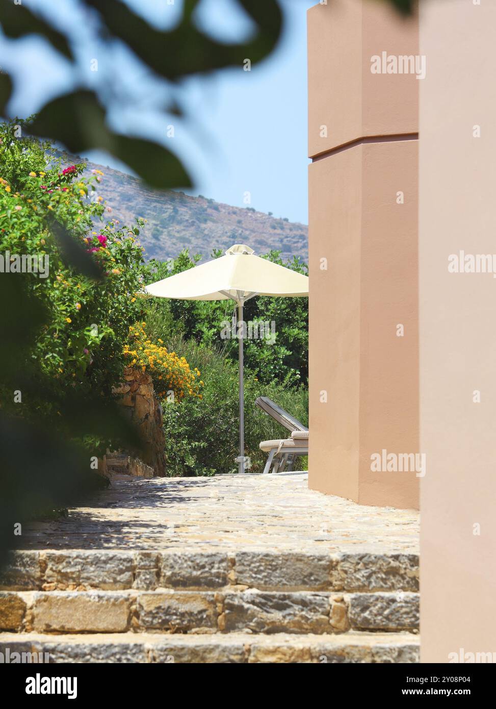 Cortile con giardino con splendidi fiori. Creta, Grecia, Europa Foto Stock