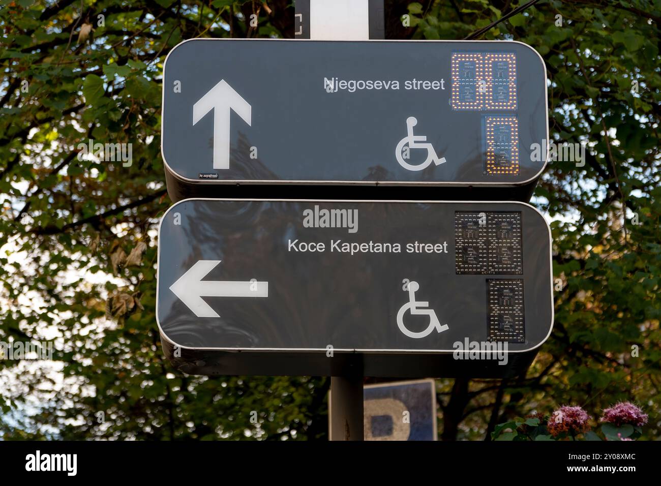 Parcheggio per i conducenti. Parcheggio gratuito per disabili, segnalato con segnaletica stradale e cartello segnaletico. Spazi adattati per persone con disabilità. Incluso Foto Stock