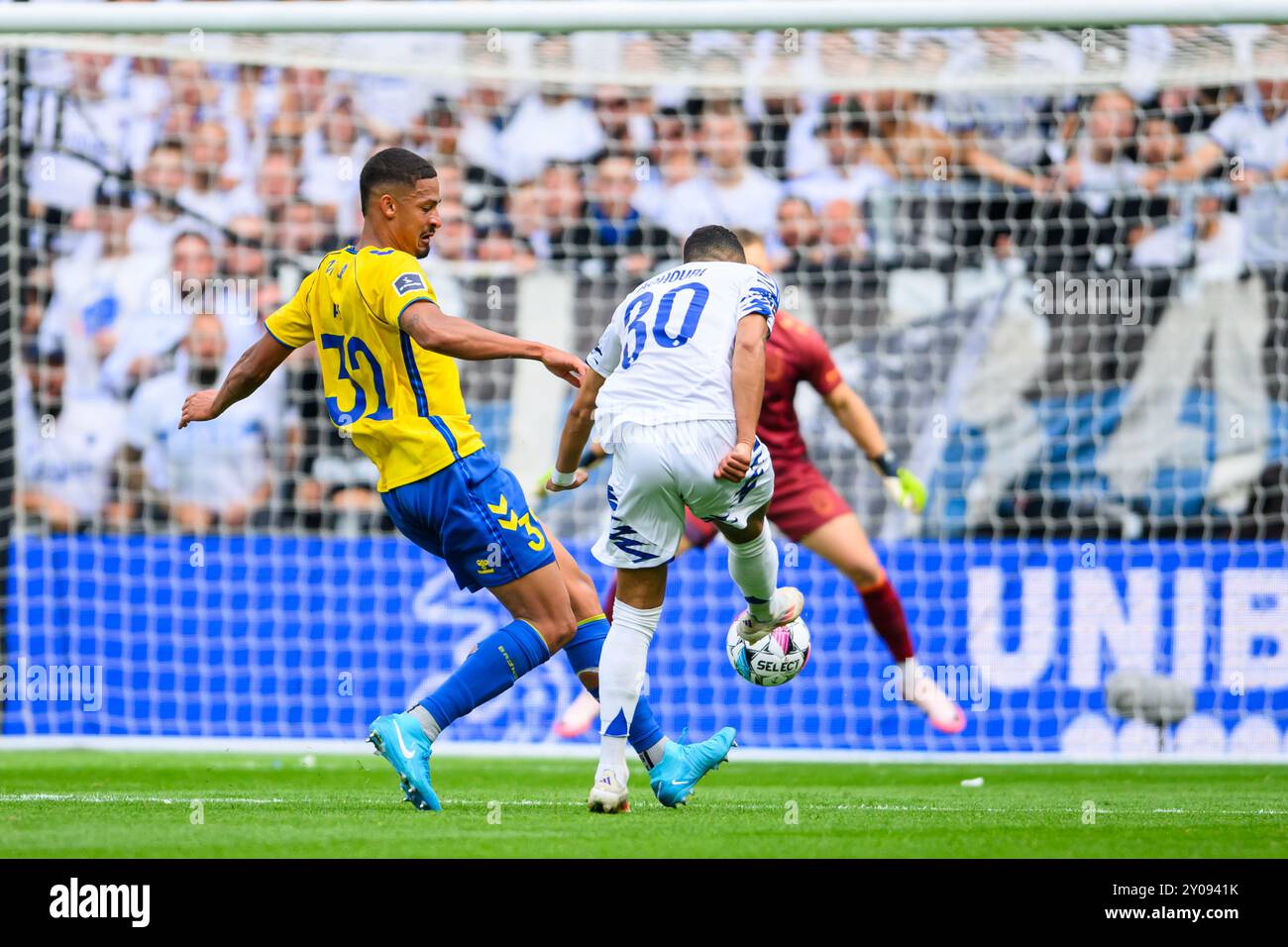 32 (BIF) - Frederik Alves Ibsen. 30 (FCK) - Elias Achouri. Superliga: FC København mod Brøndby IF - 01.09.24. København, Danmark. 1 settembre 2024. Foto Stock