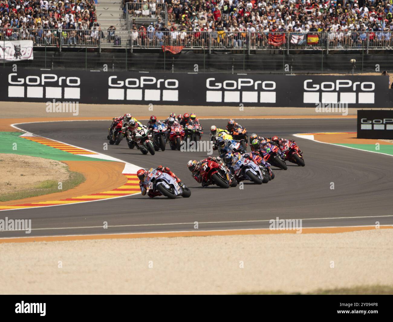 Inizio gara durante il Moto Grand Prix GoPro di Aragon Grand Prix Race MotoGP Sunday, MotoGP di Spagna sul circuito Motorland di Alcaniz il 1° settembre 2024 ad Alcaniz, Spagna. Foto Stock