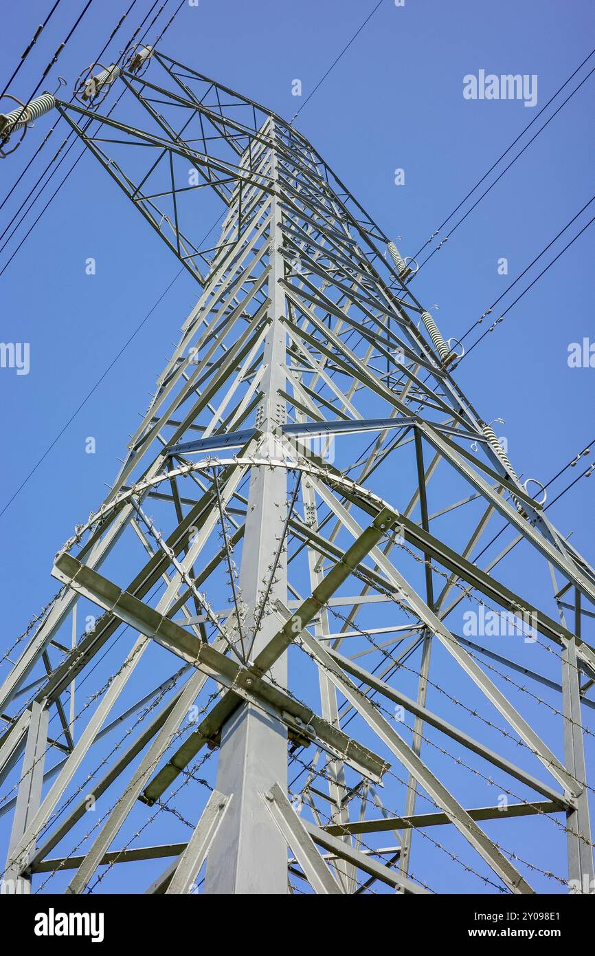 Un alto pilone elettrico metallico supporta più set di cavi elettrici, essenziali per la trasmissione di elettricità, cielo azzurro senza nuvole. Foto Stock