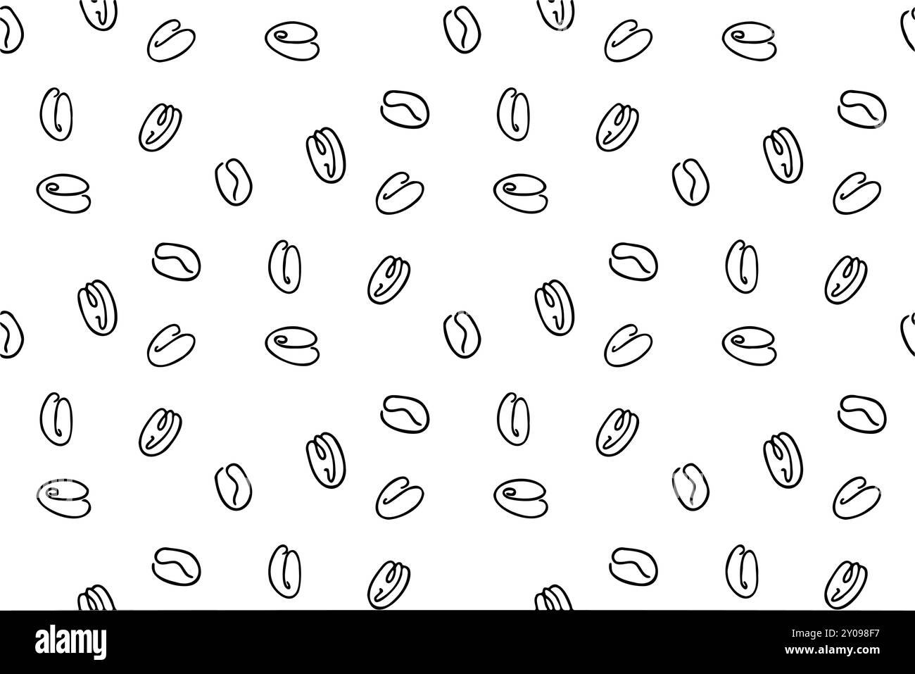 Sequenza di caffè vettoriale senza cuciture con chicchi di caffè e foglie, sacco di semi di caffè, attrezzatura per caffè. Disegna a mano un motivo senza cuciture Illustrazione Vettoriale