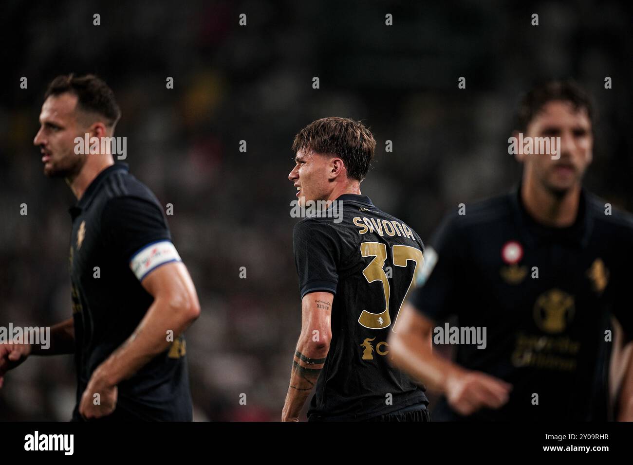 Torino, Italia. 1 settembre 2024. La Juventus' Nicolo' Savona reagisce durante la partita di calcio di serie A tra Juventus e Roma allo Stadio Allianz di Torino - domenica 01 settembre 2024. Sport - calcio . (Foto di Marco Alpozzi/Lapresse) credito: LaPresse/Alamy Live News Foto Stock