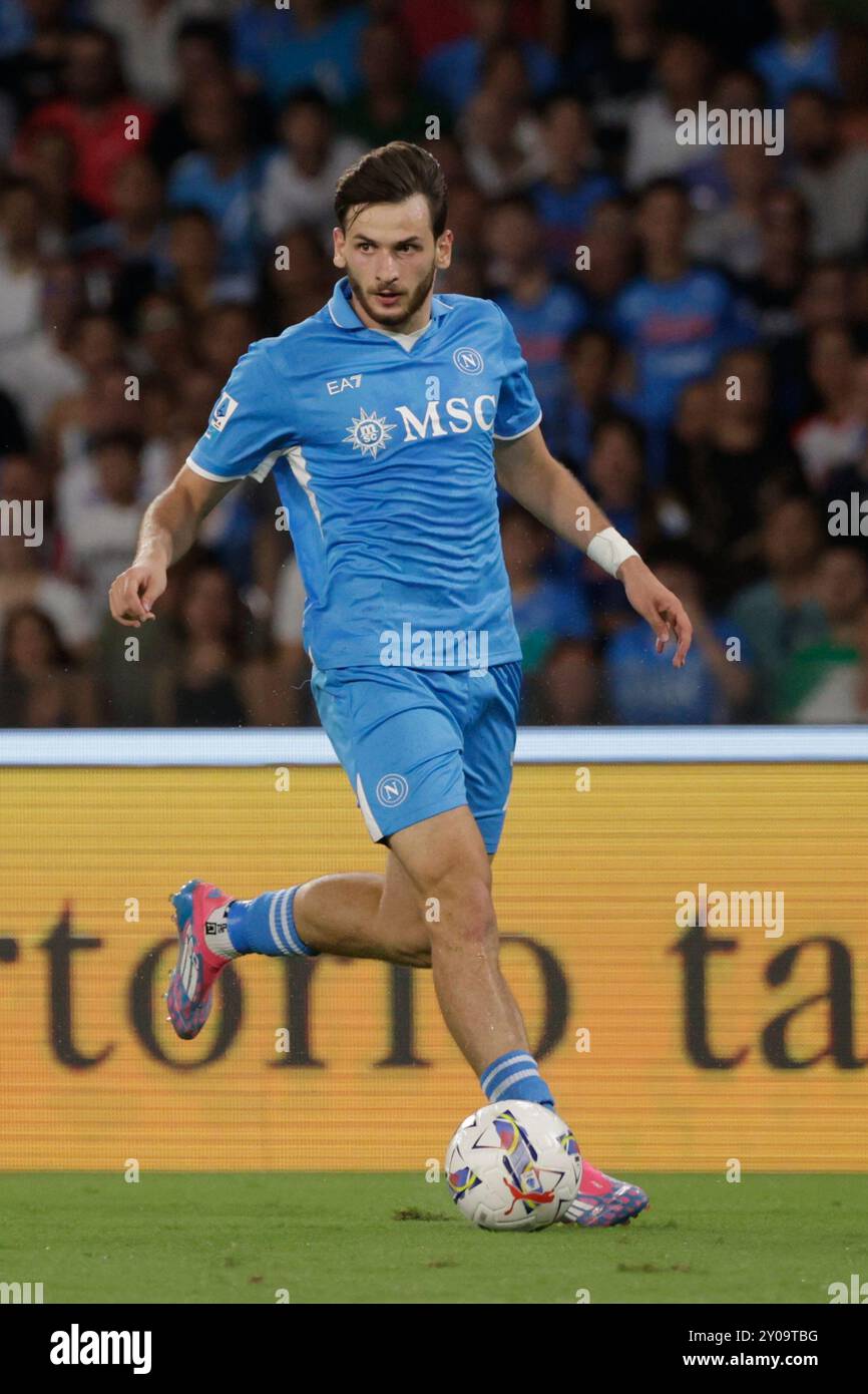 Khvicha Kvaratskhelia del Napoli controlla il pallone durante la partita di calcio di serie A SSC Napoli - Parma calcio Stadio Maradona il 31 agosto 2024 a Napoli. Foto Stock