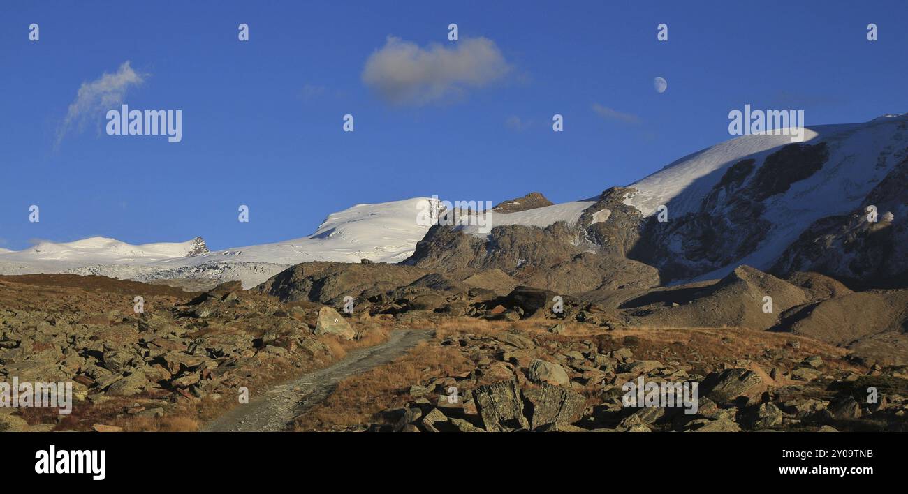 Sentiero escursionistico a Zermatt. Ghiacciaio Findel e morena. Vista da Fluhalp Foto Stock