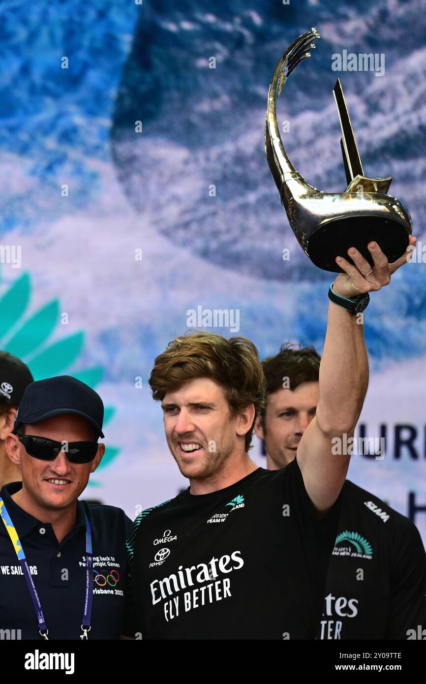 Peter Burling timoniere / skipper del Taihoro / Emirates Team New Zealand. ETNZ è il difensore della Coppa America in questa 37a edizione dell'evento. Foto Stock