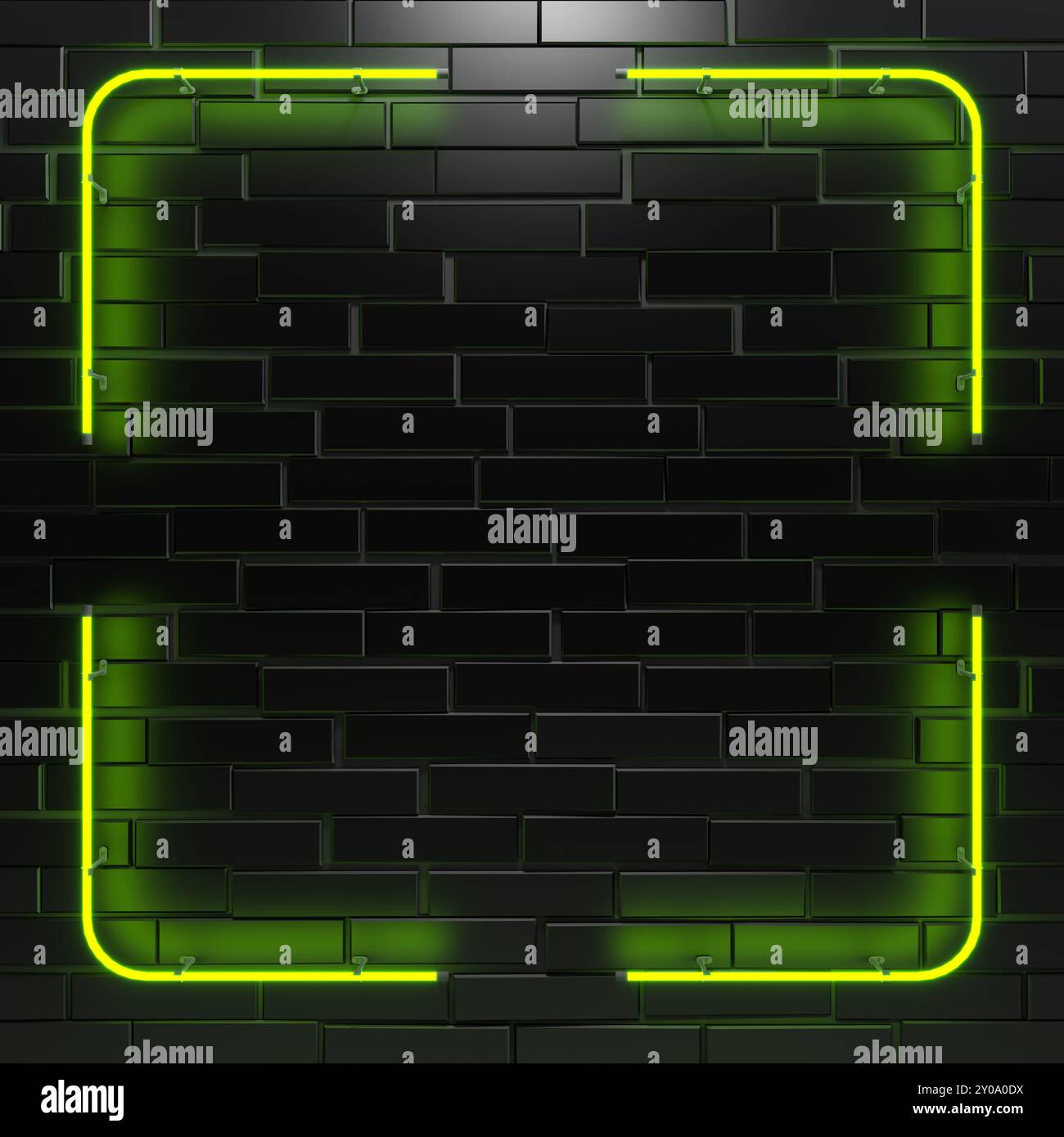 Cornice gialla al neon su parete di mattoni scuri. Segno neon modello. illustrazione 3d. Foto Stock