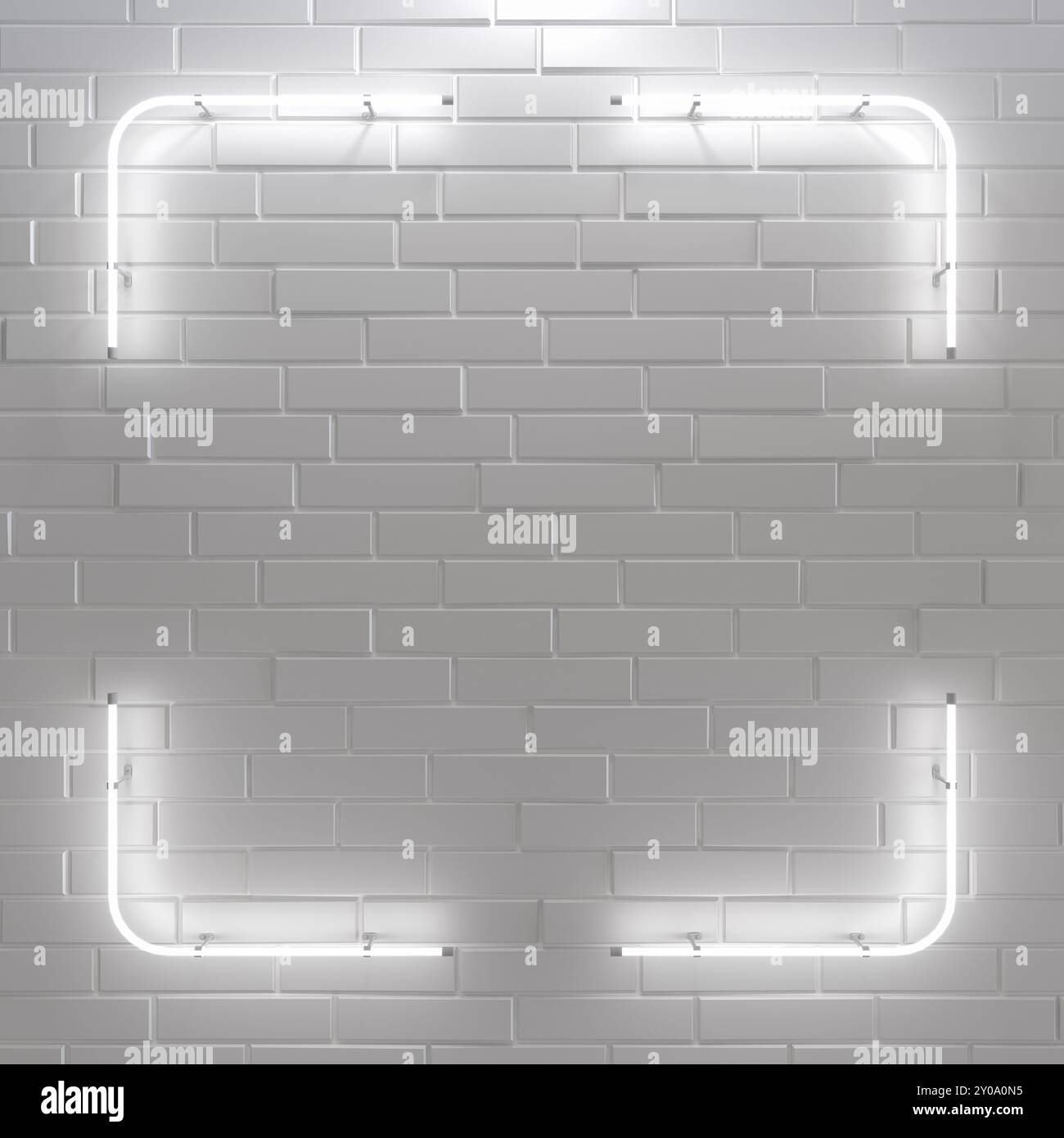 Simbolo al neon realistico della cornice con forma quadrata colorata per il layout di template e copy space sullo sfondo della parete. rendering 3d. Foto Stock Simbolo al neon realistico della cornice con forma quadrata colorata per il layout di template e copy space sullo sfondo della parete. rendering 3d. Foto Stock