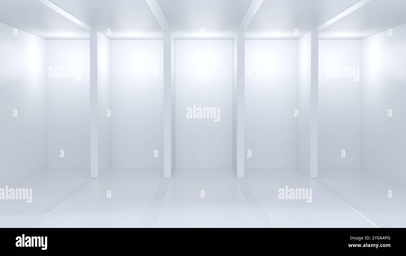 Uno spazio pulito e luminoso con elementi di illuminazione verticali, ideale per mostrare i prodotti, illustrazioni 3D. Foto Stock