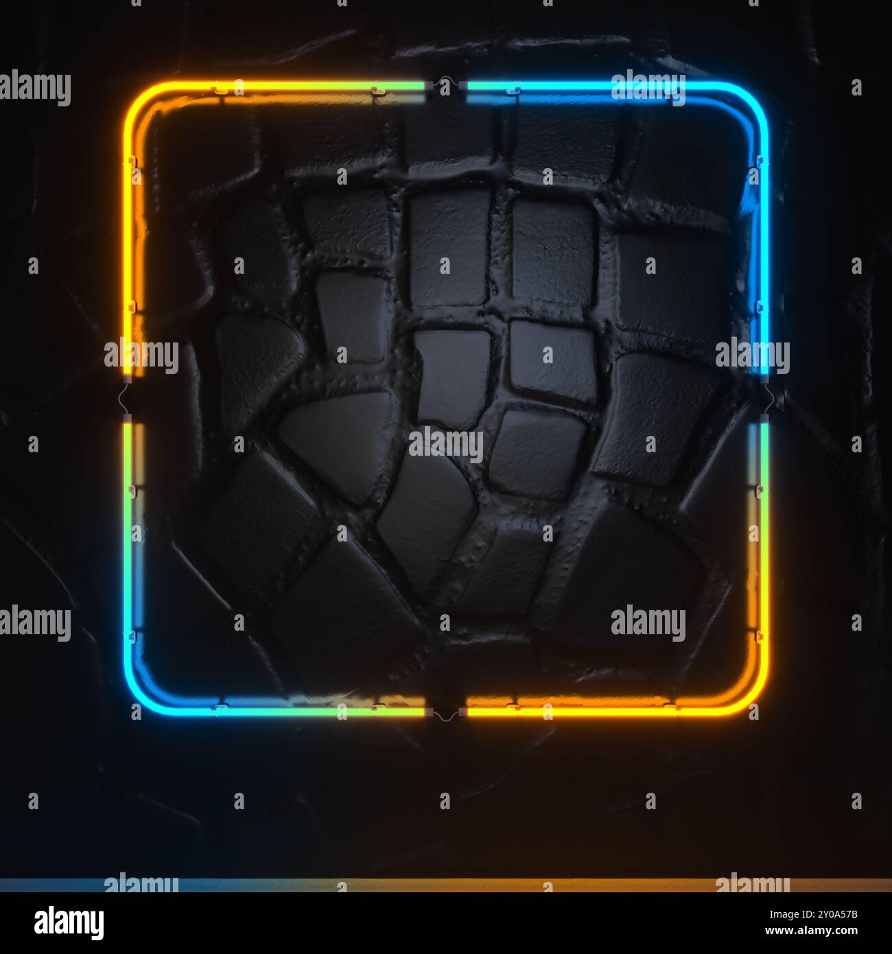 Realistico segno al neon della cornice con forma quadrata colorata per il template e la copia del layout dello spazio sullo sfondo della parete. rendering 3d. Foto Stock Realistico segno al neon della cornice con forma quadrata colorata per il template e la copia del layout dello spazio sullo sfondo della parete. rendering 3d. Foto Stock