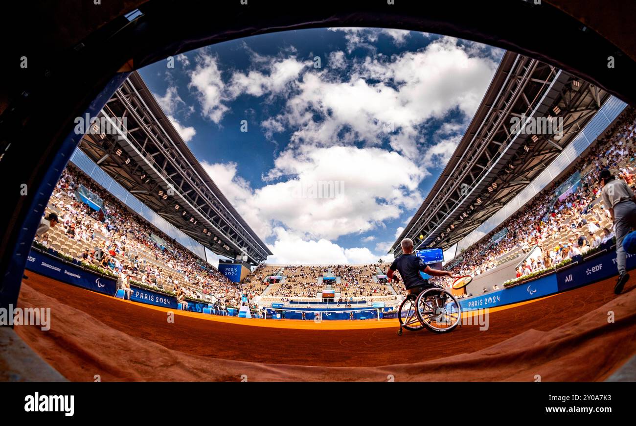 Parigi, 1 settembre 2024, evento paralimpico di tennis su sedia a rotelle. Caratteristica (foto di Frank Molter) Foto Stock