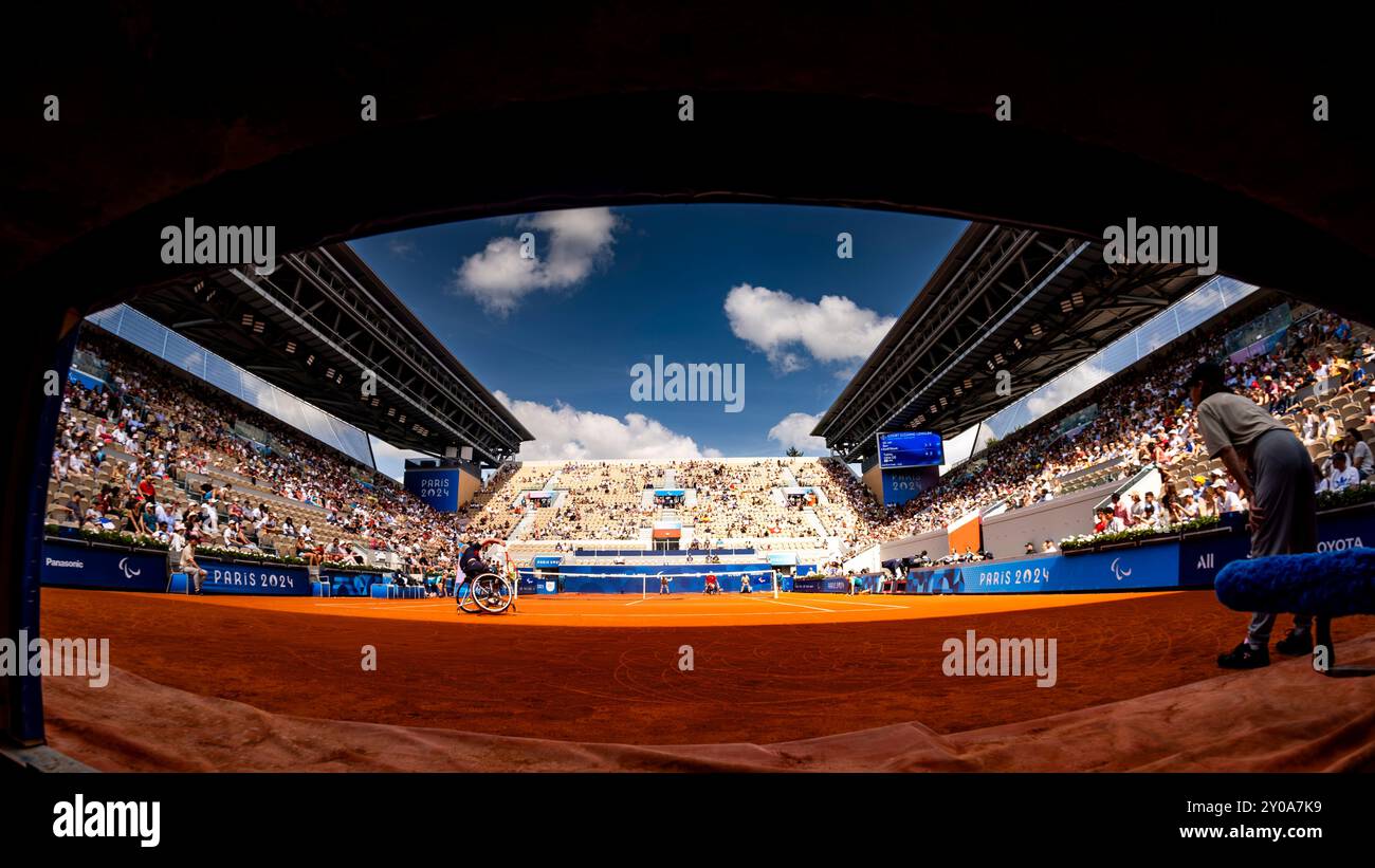 Parigi, 1 settembre 2024, evento paralimpico di tennis su sedia a rotelle. Caratteristica (foto di Frank Molter) Foto Stock