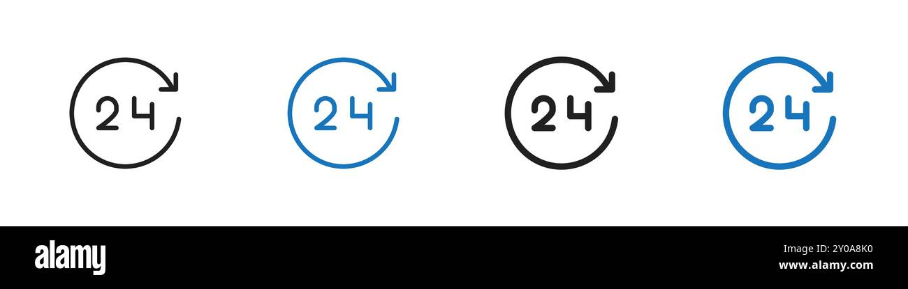 Icona di 24 ore, segno grafico vettoriale lineare o simbolo impostato per l'interfaccia utente dell'app Web Illustrazione Vettoriale