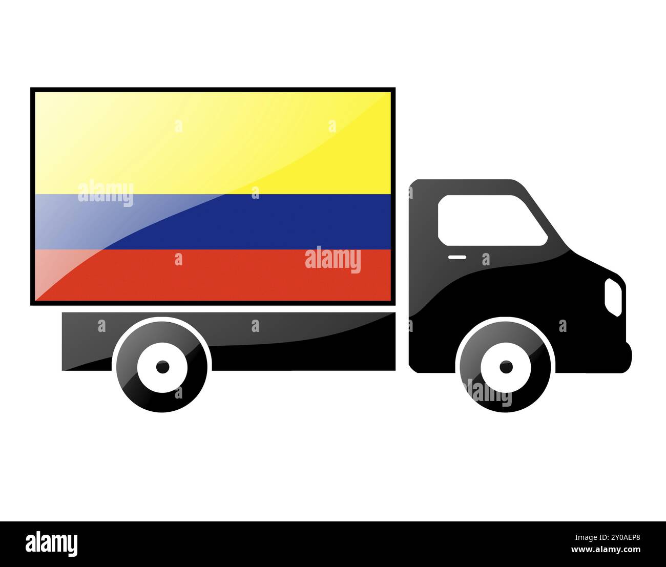 La bandiera colombiana dipinta sulla silhouette di un camion. illustrazione lucida Foto Stock