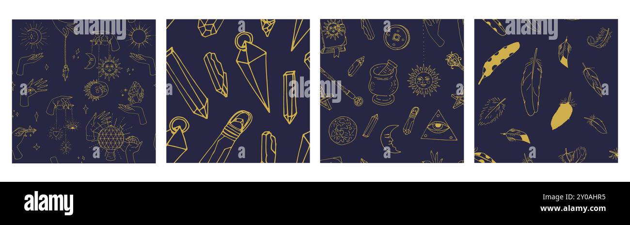 Set di 4 motivi mistici senza cuciture con cristalli, sole celeste e lune Illustrazione Vettoriale