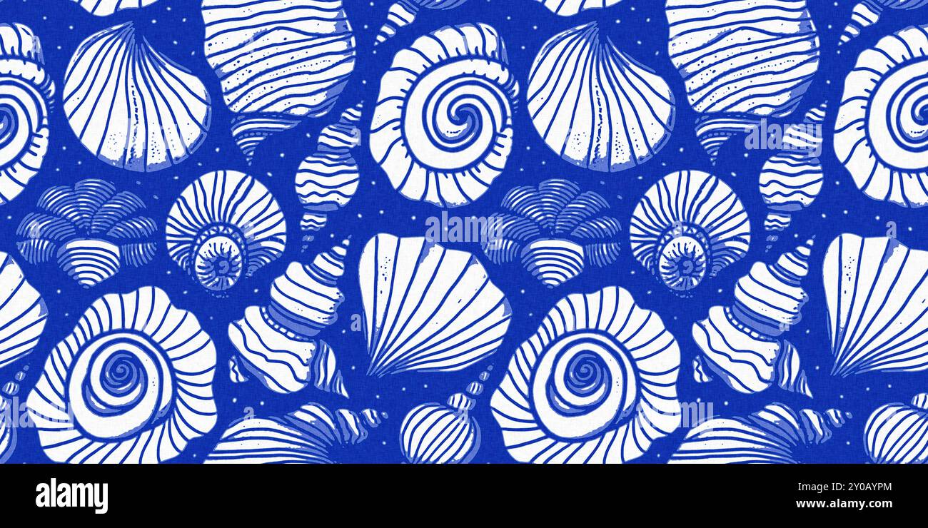 Motivo blu azzurro con guscio bianco con sfondo batik senza cuciture in lino. Moderno cottage costiero sulla spiaggia, stile rustico a conchiglia con motivo decorativo per la casa Foto Stock